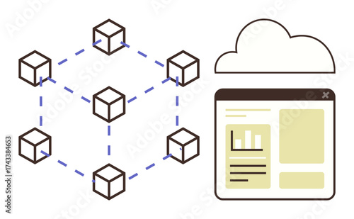 Network of connected blocks with cloud and web interface displaying analytics. Ideal for blockchain, data storage, cloud computing, technology, big data, innovation, collaboration. Simple flat