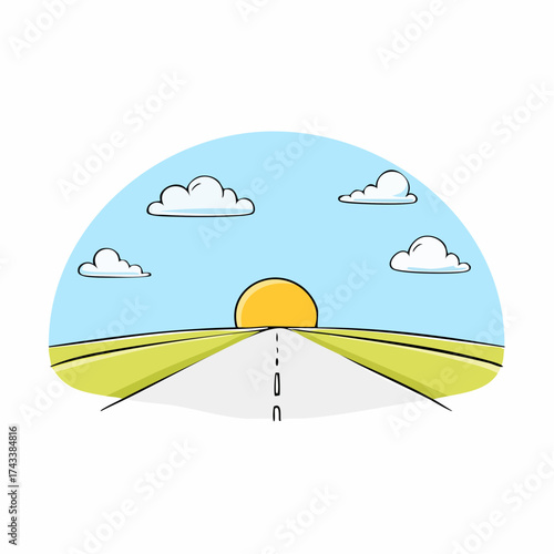 Clean horizon landscape with bright sun above the road during the daytime