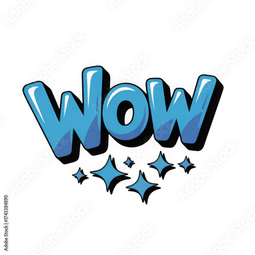 Bold blue wow typography with star accents features a comic style design isolated on a transparent background for creative projects.