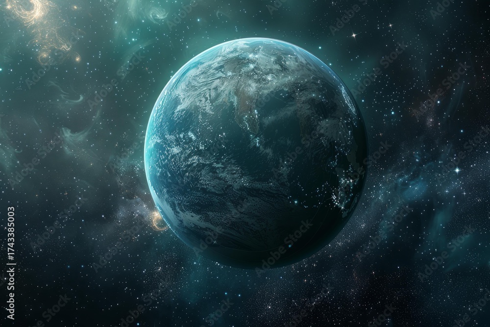 Obraz premium Earth planet rotating in deep space with turquoise nebulae, stars and galaxies, astronomy and space exploration concept