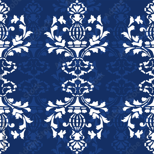 Elegant hand-drawn damask floral pattern in blue and white tones, perfect for luxury home decor, textile design, and wallpaper projects
