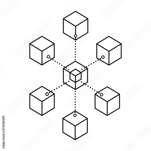 Abstract network structure with connecting cubes forming a central hub concept vector illustration
