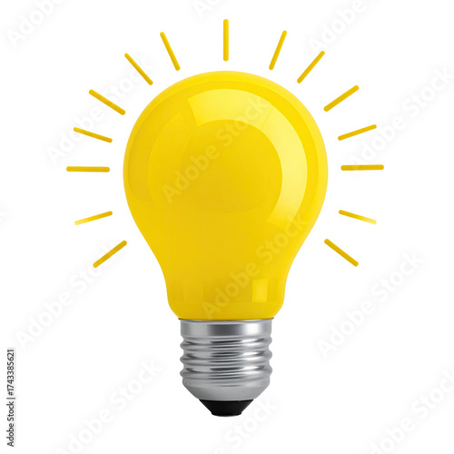 A bright yellow lightbulb with radiating lines on a black background