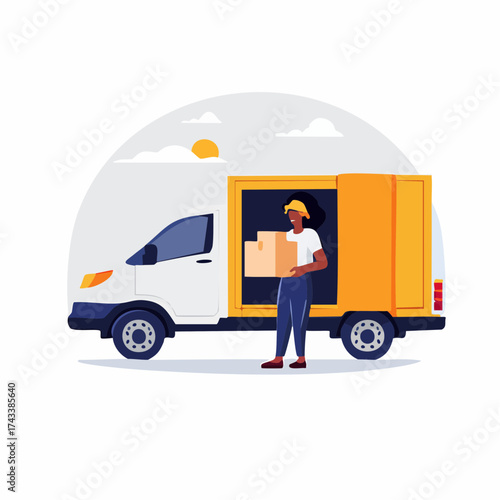 Delivery man holding box standing beside open delivery van with yellow cargo area against white background with clouds.