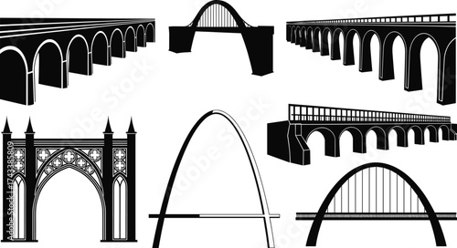 Bridge silhouette vector set, arched, gothic, modern design, black icon, architectural structure clipart, engineering landmark, stock illustration
