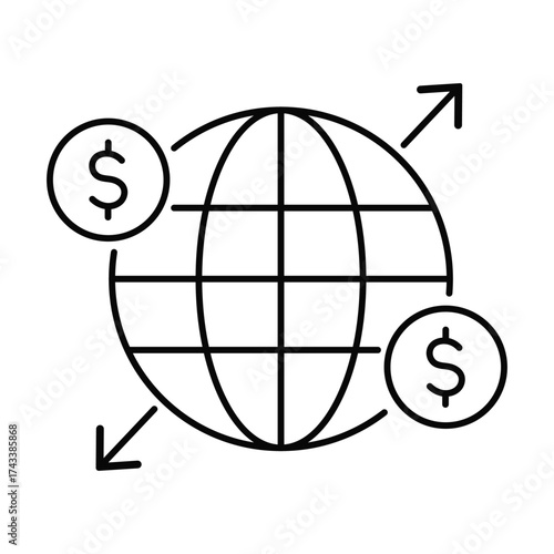 Outline globe with dollar signs and arrows symbolizing global finance and currency exchange vector illustration