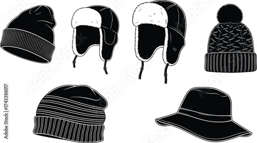 Winter hat silhouette vector set, black and white illustration, cozy headwear icons, seasonal fashion design, beanie and trapper styles