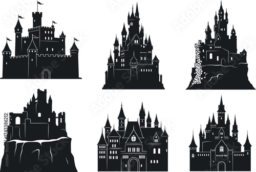 Castle silhouette icon set, medieval fortress, fairytale tower, rocky cliff castle, fantasy architecture, black vector design, landmark illustration