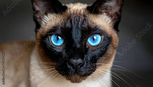 Siamese cat portrait with piercing bright blue eyes, black face and tan fur against a dark grey backdrop