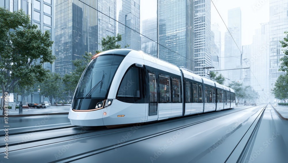 Naklejka premium Modern light rail train in urban cityscape