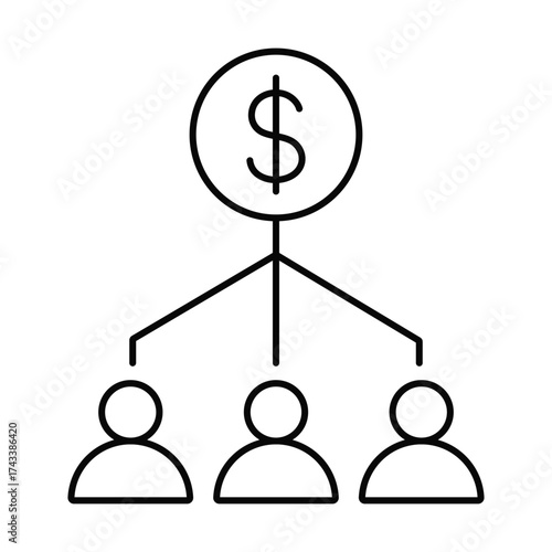 Outline icon symbolizing financial distribution to multiple people or branches vector illustration