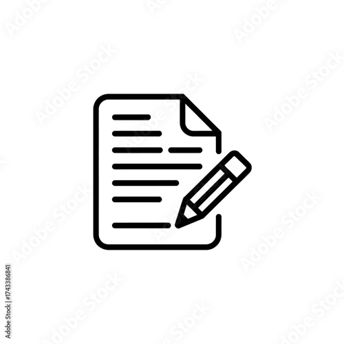 Minimalist black and white line art of a document with a pencil writing