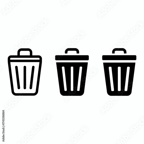 Minimalist icon set three waste bins for recycling and trash management solutions