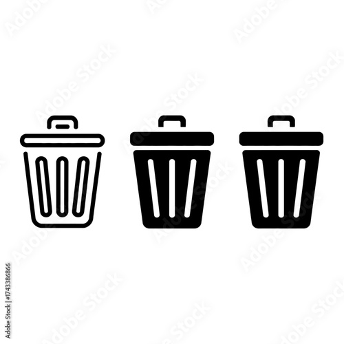 Minimalist icon set three trash cans simple line art digital graphic design elements
