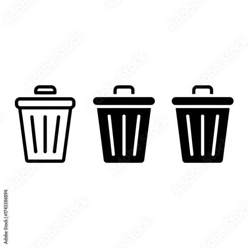 Minimalist set of three waste bin icons for recycling and disposal graphics