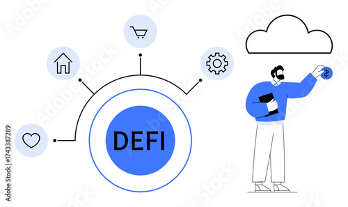 DEFI hub connecting icons for home, shopping, settings, and health. A person reaching digital currency in cloud. Ideal for fintech, blockchain, innovation, finance economy connectivity simple flat