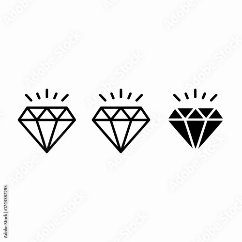 Minimalist diamond icons set three faceted gems sparkling clean outline and solid styles