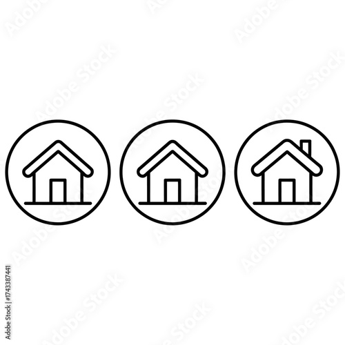Three simple line art house icons in circles minimalist design representation of home
