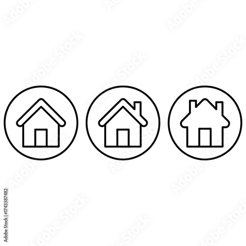 Simple line art home icons set minimalist circular design three houses different styles