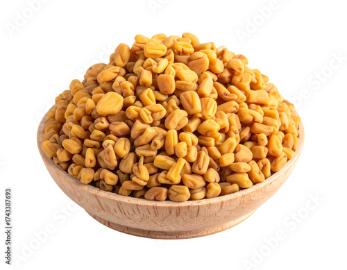 Dried Fenugreek Seeds in Wooden Bowl Isolated on White