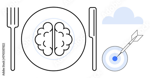 Fork, knife, and plate with brain, symbolizing creativity and strategy. Target with arrow and cloud suggest goals, focus, and innovation. Ideal for education, problem-solving success creativity