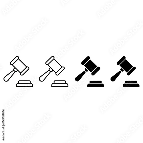 Set of four minimalist gavel line art icons for legal justice and auction concepts