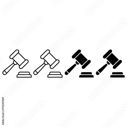 Four minimalist gavel icons representing justice law and authority in different styles