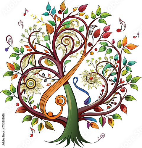 New Year Creative Expression musical tree with notes for learning instruments and composition