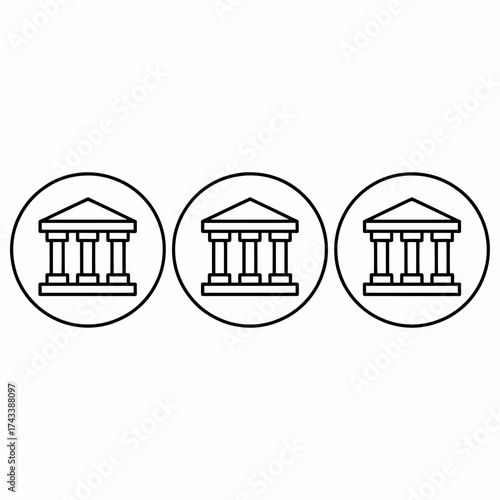 Three minimalist line art representations of classical buildings in circles.