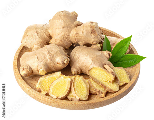 Fresh Dried Ginger Roots Isolated on Wooden Plate