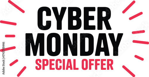 Bright 'Cyber Monday Special Offer' graphic with radiating lines, promoting online shopping deals