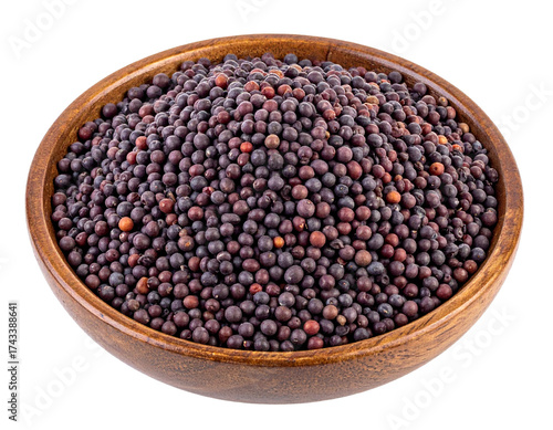 Black Mustard Seeds in Wooden Bowl Isolated Background