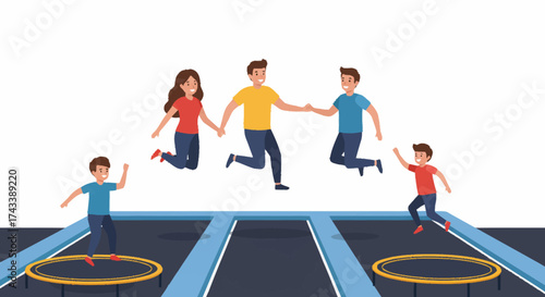 Illustration depicts a family jumping and having fun on trampolines, enjoying leisure time together.