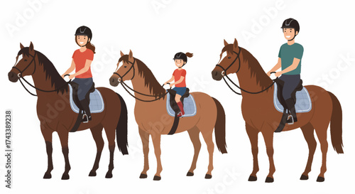 Three people, including a child, riding horses with helmets, enjoying equestrian activity.