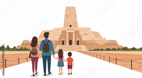 A family of four, viewed from behind, walks towards a large, ancient, stepped pyramid-like structure with a central tower, possibly in Egypt or another desert location.