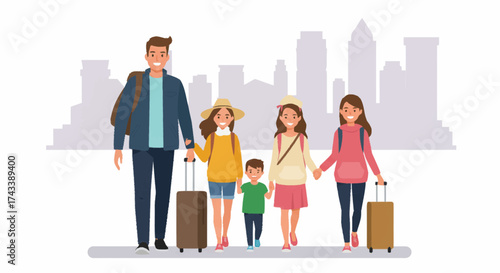 A happy family of five, including parents and three children, walking with luggage on a vacation against a city skyline.