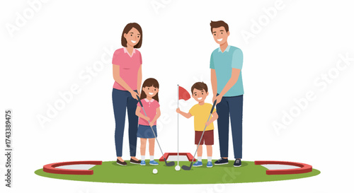 A happy family of four enjoying a game of miniature golf together on a sunny day, with parents and children holding putters and playing on a colorful course.