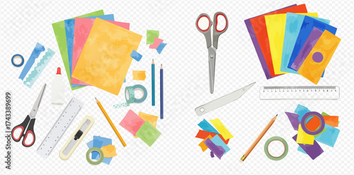 A flat lay of colorful craft supplies including paper, scissors, glue, rulers, pencils, and tape, arranged on a transparent background for creative projects.