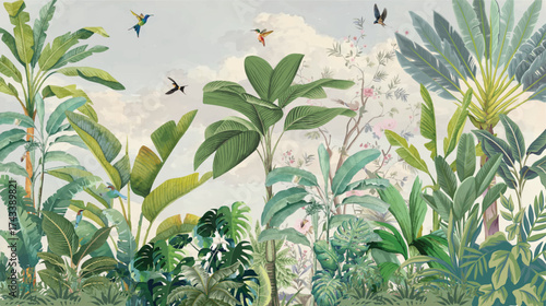 Forest Mural Wallpaper and Jungle Wall Murals, Ever Wallpaper Design, Tropical Wall Mural, Jungle mural Design, Mughal Garden Illustration,