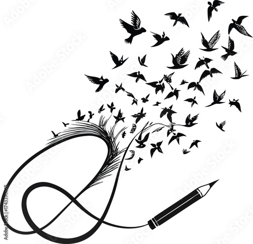 New Year Creative Expression swirling musical notes with birds for improvisational creativity