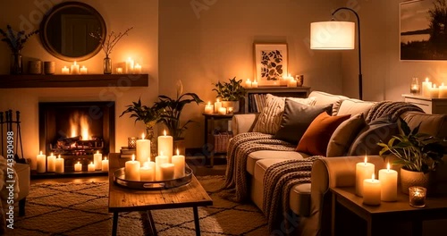 Cozy living room glows with warmth from a crackling fireplace and abundant candlelight.