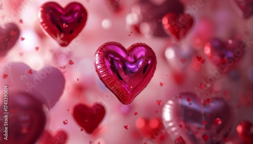 Glossy red heart-shaped balloons float gently within soft pink light, surrounded by blurred hearts and sparkles, creating the dreamy romantic atmosphere featuring vibrant reflections