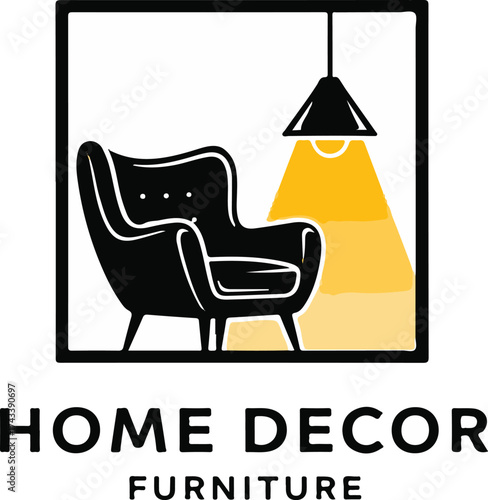 Minimalist Home Decor Furniture logo with modern armchair and warm lighting illustration