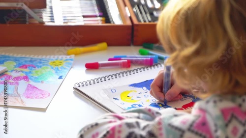 Child writing letter to Santa Christmas New Year holiday, cosy home Christmas decoration and lights, girl dreaming drawing colorful pencils preparing gifts presents for family, boy wishing Santa Claus