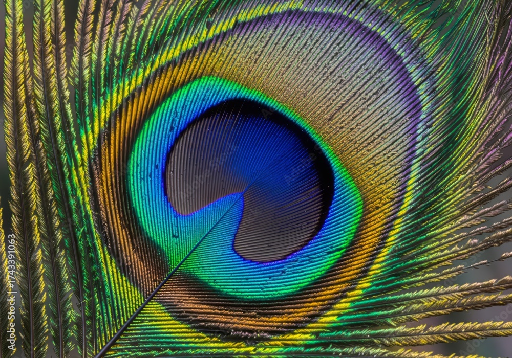 Naklejka premium Macro Close-Up of Peacock Feather Eye Pattern with Iridescent Green and Blue Colors