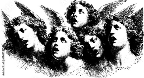 Vintage engraving art featuring a set of winged figures. Black and white vector illustration with intricate details, suitable for artistic contexts.