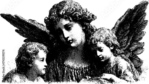 Vintage angel illustration in engraving style, featuring black and white art elements. This set suits various vector representation needs.