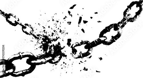 Broken chain with an explosion effect. Black grunge vector illustration showing damage in a bold artistic style.