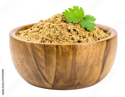 Ground Coriander Powder in Wooden Bowl Isolated Image