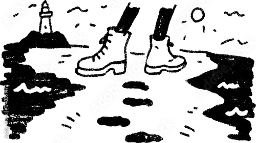 Boots walking along a sandy beach near a lighthouse. A simple black and white vector illustration depicting outdoor exploration as a set.